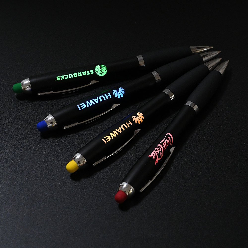 Custom Brand Promotional Led Light Up Laser Logo Ballpoint Pen Soft Touch Stylus Pens with Light