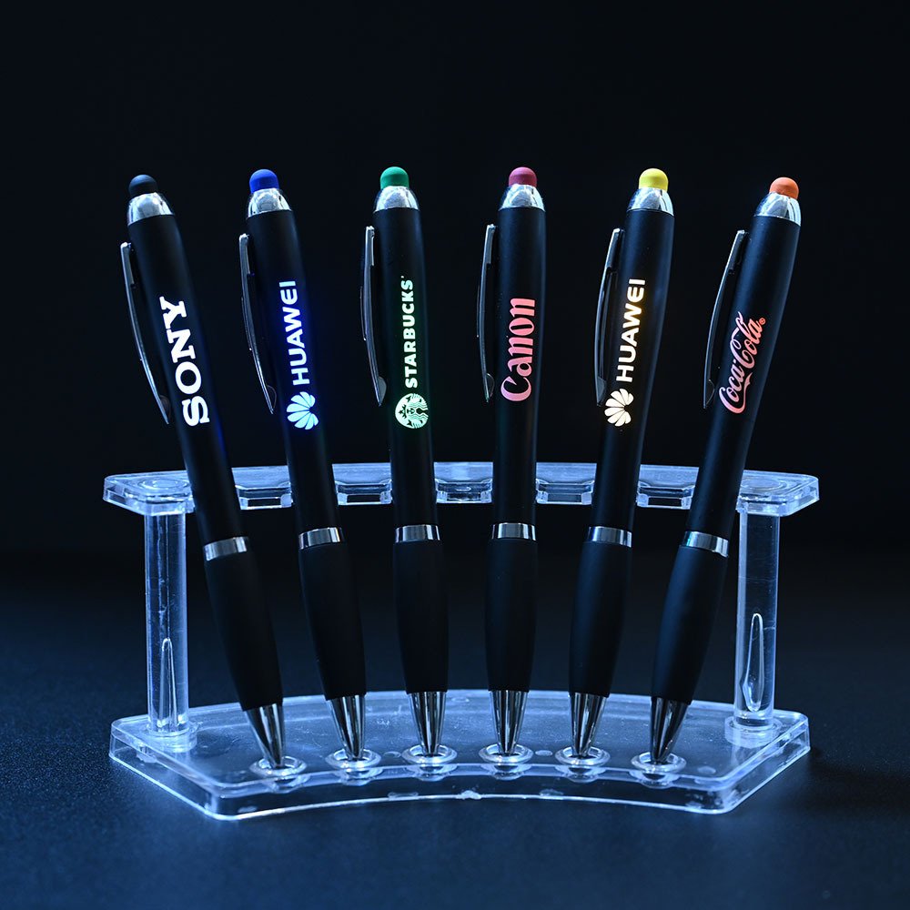 Custom Brand Promotional Led Light Up Laser Logo Ballpoint Pen Soft Touch Stylus Pens with Light