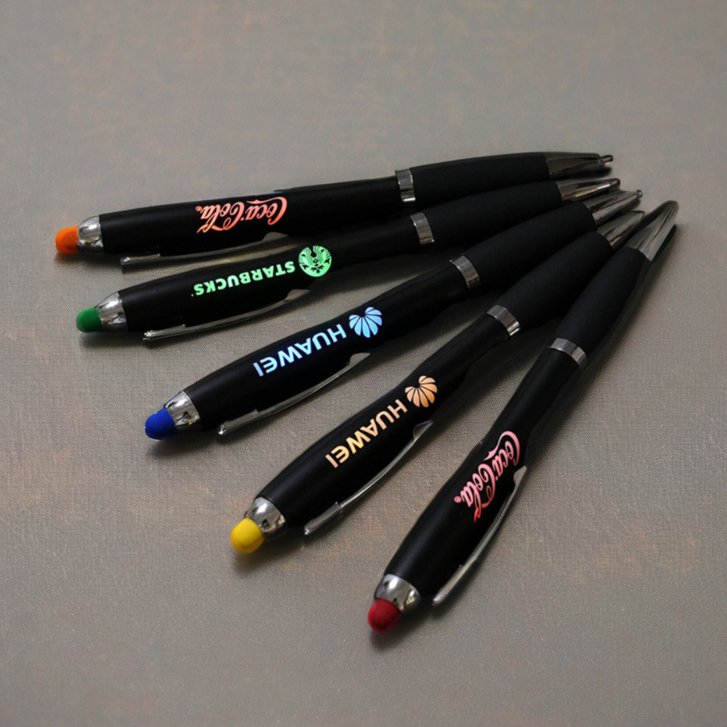 Custom Brand Promotional Led Light Up Laser Logo Ballpoint Pen Soft Touch Stylus Pens with Light