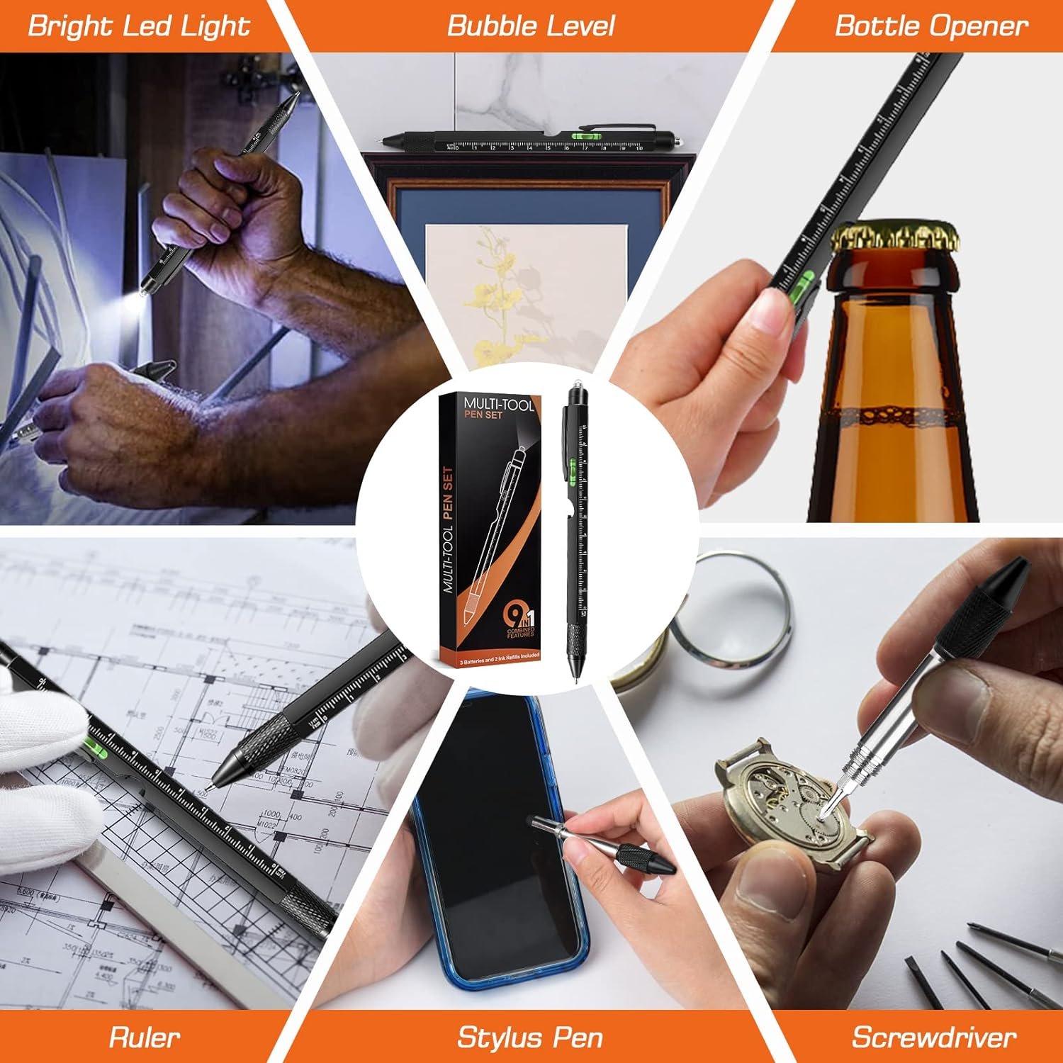 9 in 1 Multitool Pen LED Light Stylus Ruler Ballpoint Pen Stocking Stuffers for Adults Men
