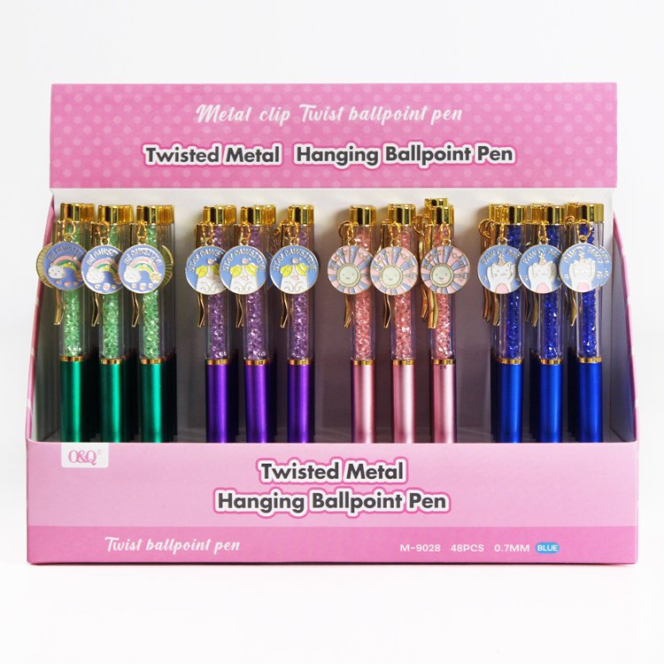 O&Q Manufacturer cartoon circle metal pendant Kawaii twist ballpoint pen 0.7mm bule and black ECO plastic