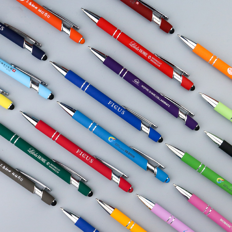 Custom logo cheapest aluminum silver rod ballpoint pen with soft rubber touch screens for mobile phone in promotion