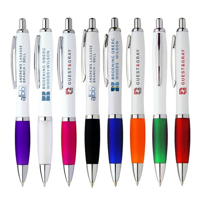 Best selling white body customized plastic ballpoint pen with custom logo imprint and comfortable rubber grip ball pen