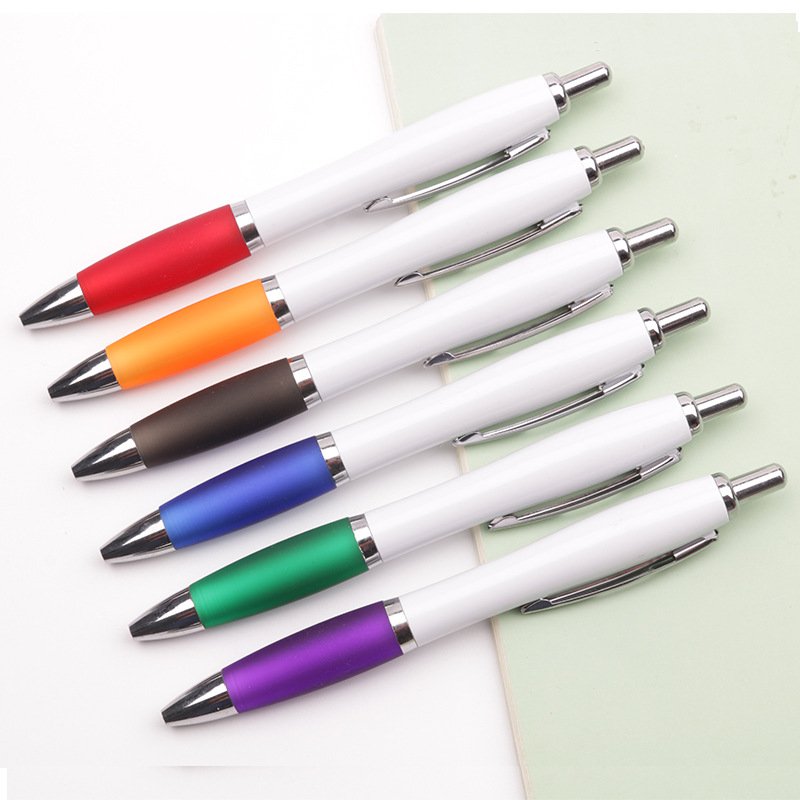 Best selling white body customized plastic ballpoint pen with custom logo imprint and comfortable rubber grip ball pen