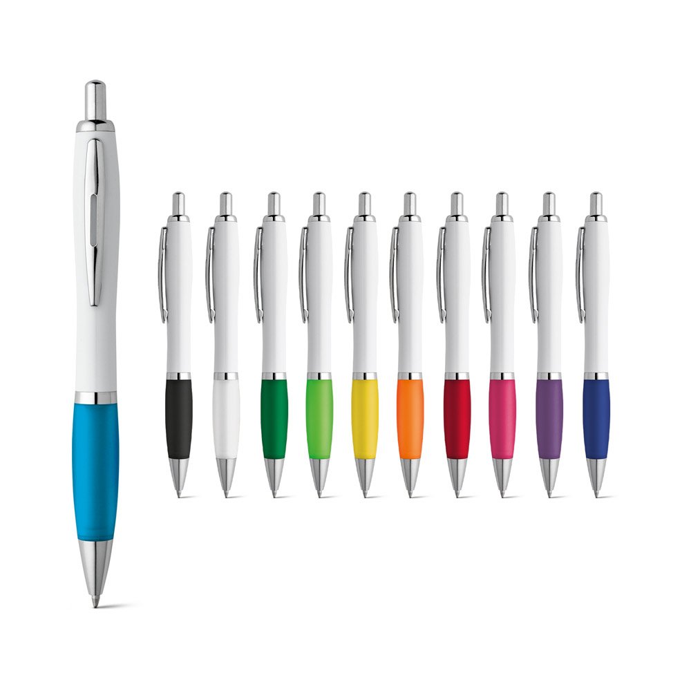 Best selling white body customized plastic ballpoint pen with custom logo imprint and comfortable rubber grip ball pen