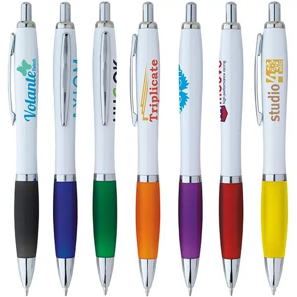 Best selling white body customized plastic ballpoint pen with custom logo imprint and comfortable rubber grip ball pen