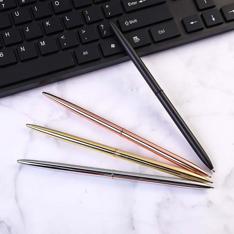 Metal lightweight pen rose gold plate glossy hotel table pen long slim ball pen with custom logo