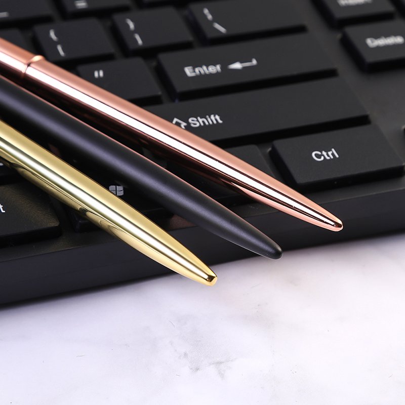Metal lightweight pen rose gold plate glossy hotel table pen long slim ball pen with custom logo