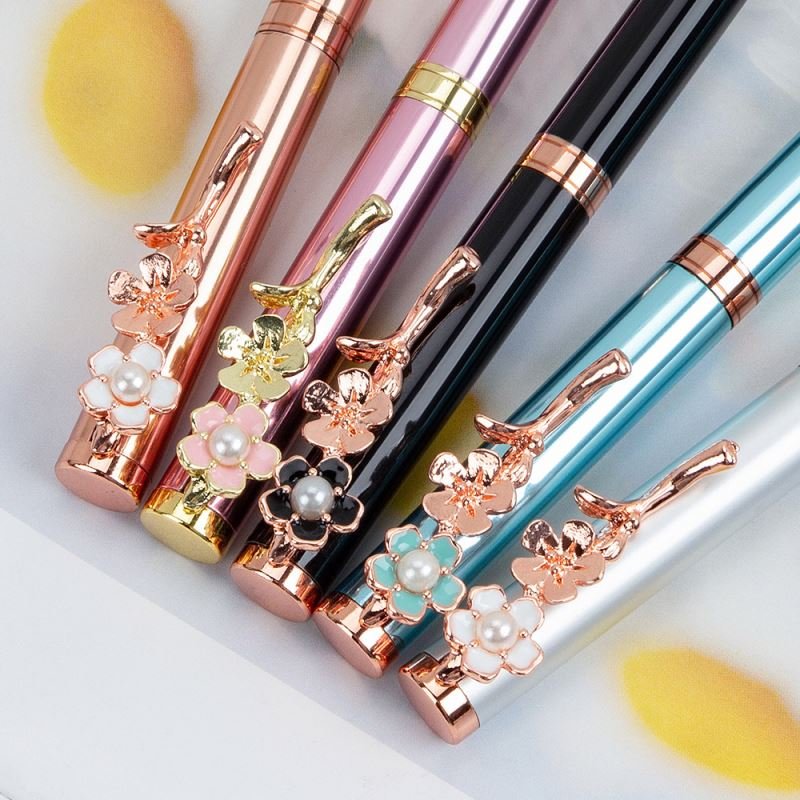 Pearl Peach Blossom Cute Girly Pink Petal Cherry 1.0mm Black Ink Ballpoint Pen Neutral Metal Clip for Advertising and Gifts