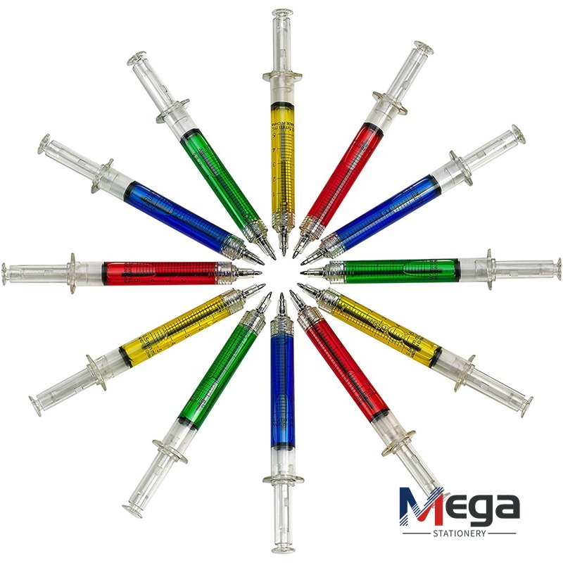 MEGA Creative Customized Novelty Promotional Funny Injection Shaped Liquid syringe pens Best Gift for Children hospital