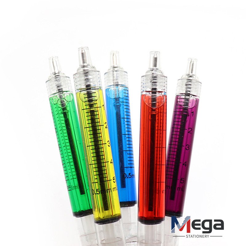 MEGA Creative Customized Novelty Promotional Funny Injection Shaped Liquid syringe pens Best Gift for Children hospital