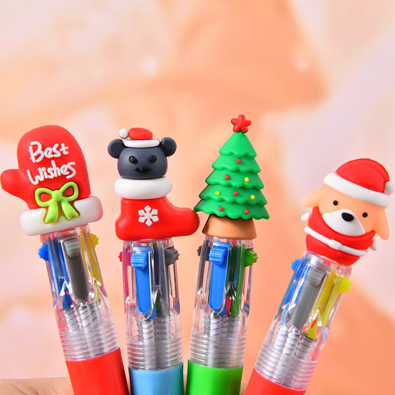 Kawaii Christmas Mini 4 Color Ballpoint Pen Cute Elk Santa Claus Gift Retractable Pen Stationery School Supplies