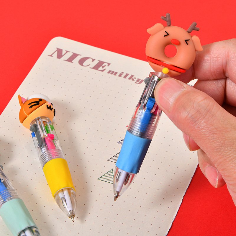 Kawaii Christmas Mini 4 Color Ballpoint Pen Cute Elk Santa Claus Gift Retractable Pen Stationery School Supplies