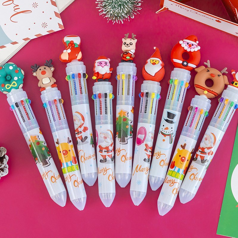 10 Colors Santa Claus Xmas Tree Deer Snowman 10 Color Pen Merry Christmas Ballpoint Pen Stationery Decor Elementary School Gifts