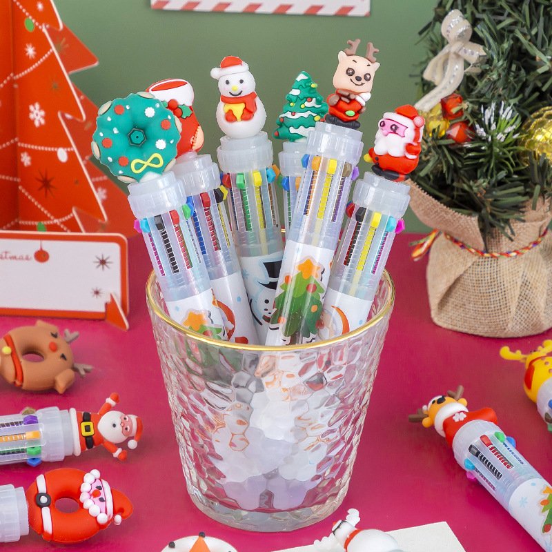 10 Colors Santa Claus Xmas Tree Deer Snowman 10 Color Pen Merry Christmas Ballpoint Pen Stationery Decor Elementary School Gifts