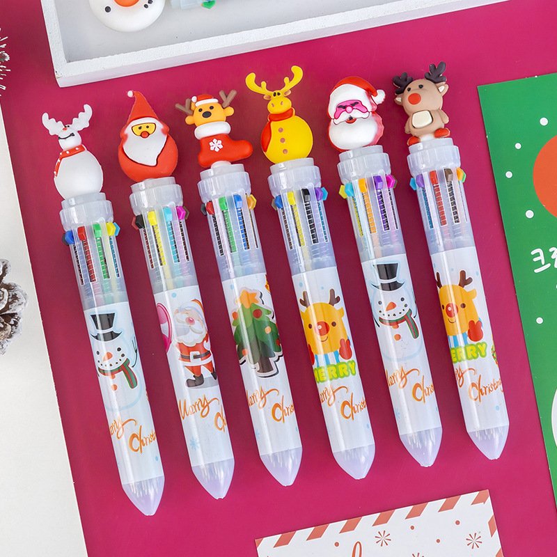 10 Colors Santa Claus Xmas Tree Deer Snowman 10 Color Pen Merry Christmas Ballpoint Pen Stationery Decor Elementary School Gifts