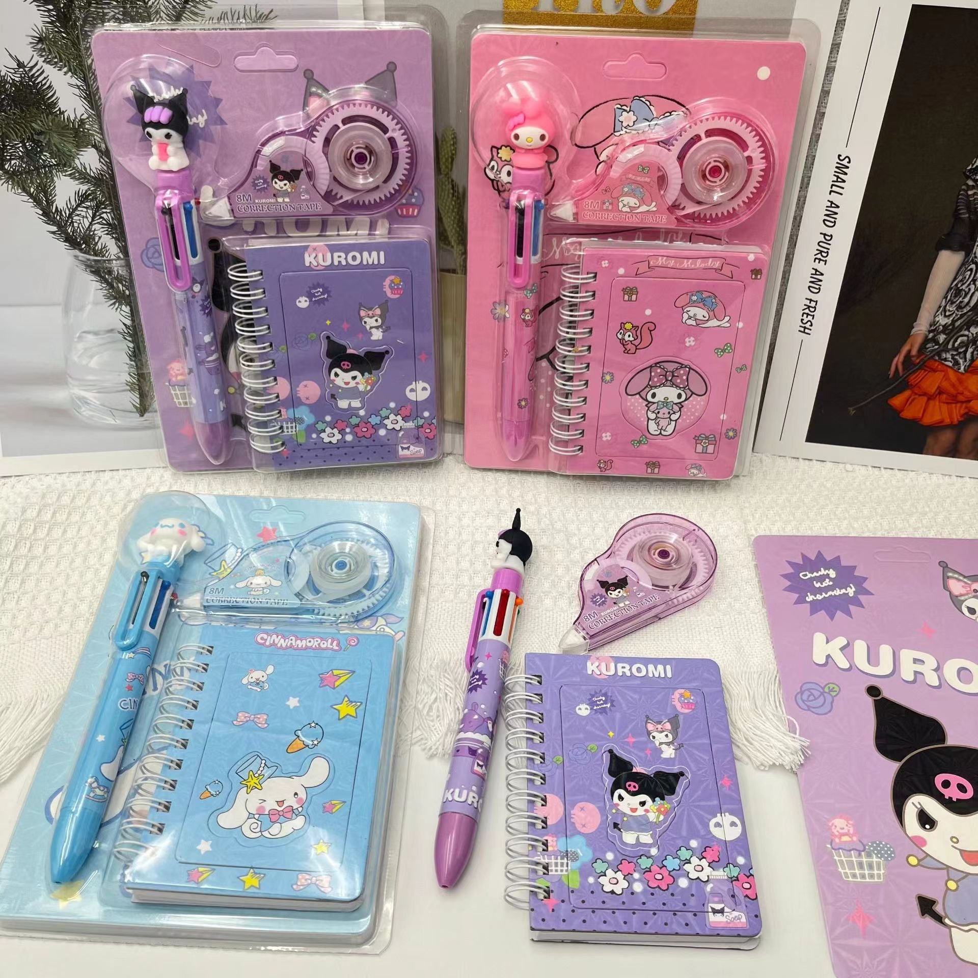 3pcs/set 6 Multicolored Pens Anime Cute Cartoon Notebook Correction Tape School Stationery Supply