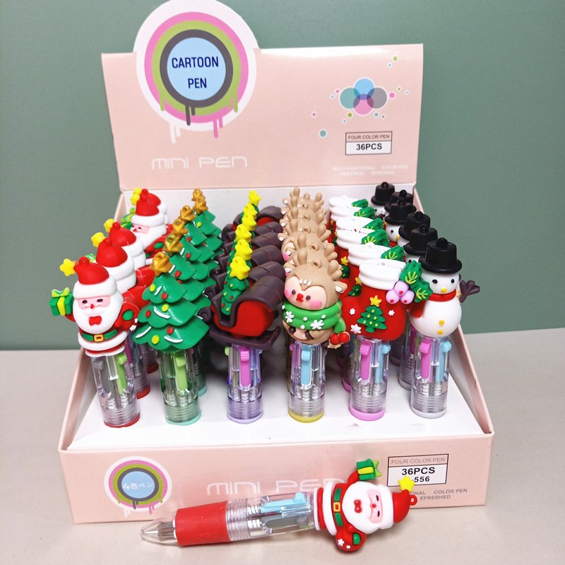 Cute cartoon mini silicone pen Christmas four-color ballpoint pen School stationery supplies wholesale Christmas stationery
