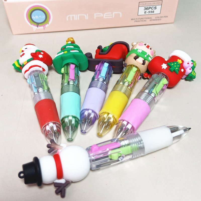 Cute cartoon mini silicone pen Christmas four-color ballpoint pen School stationery supplies wholesale Christmas stationery