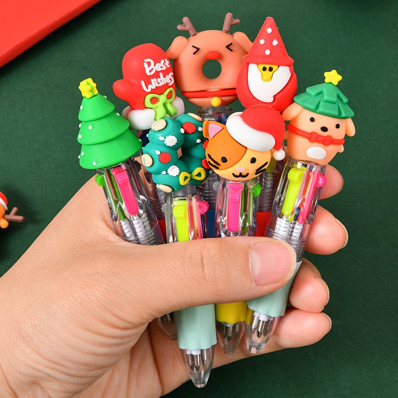 Cute cartoon mini silicone pen Christmas four-color ballpoint pen School stationery supplies wholesale Christmas stationery