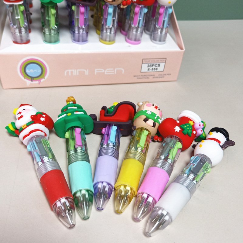 Cute cartoon mini silicone pen Christmas four-color ballpoint pen School stationery supplies wholesale Christmas stationery