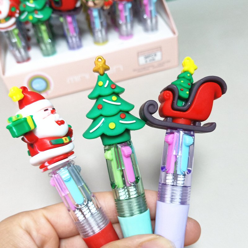 Cute cartoon mini silicone pen Christmas four-color ballpoint pen School stationery supplies wholesale Christmas stationery