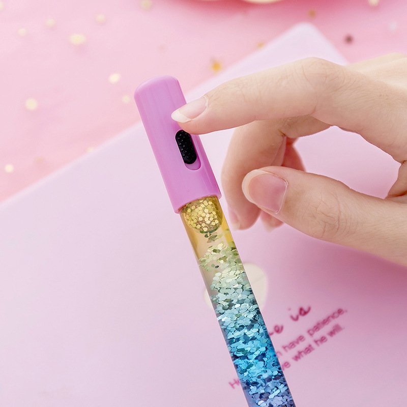 Student kawaii stationery creative quicksand cute pen with lamp girl heart signature pen fairy stick sequins ballpoint pen