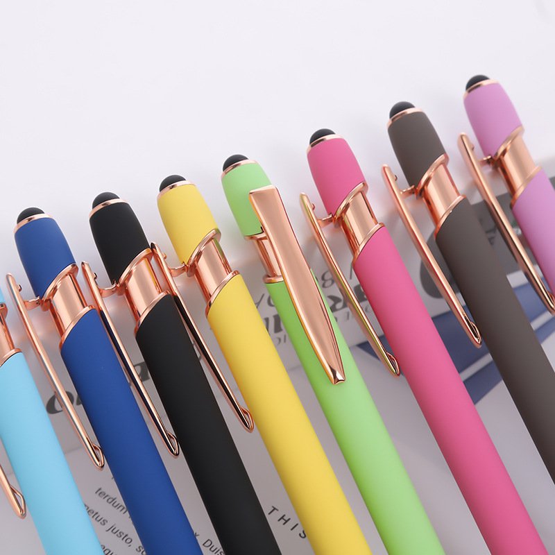 High Quality Promotional Rose Gold 2 in 1 Screen Touch Stylus Pens Aluminum Soft Rubber Ballpoint Pens Custom Logo