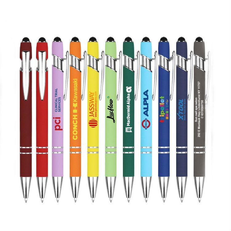 Budget aluminum ballpoint pen, silver-rod, with custom logo and soft-touch mobile screen