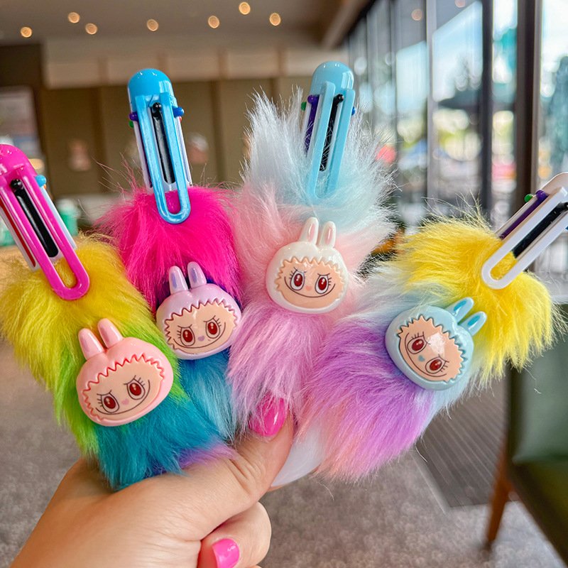 Cartoon Colorful Labubu Dolls Ballpoint Pen Girl Multi Color Ballpoint pen Student Rainbow Plush Ballpoint pen