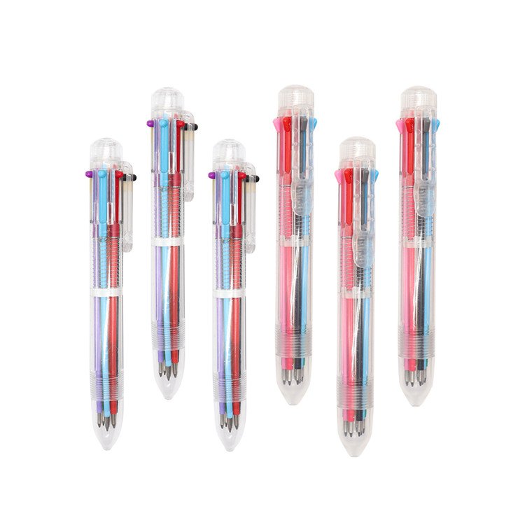 Diversified design 6 in 1 multicolor ballpoint pen transparent color refill 6 color pen