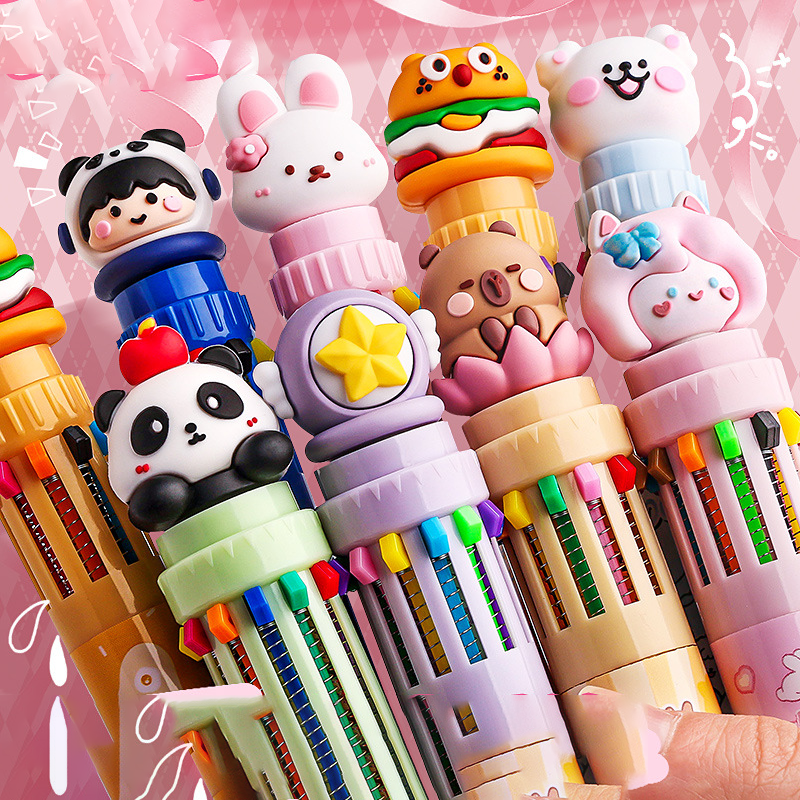 High Quality Cartoon ten color pen cute bullet head Multi-colored ballpoint pen cute style Press ballpoint pen for writing