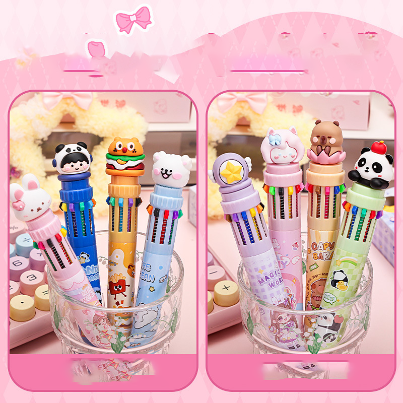High Quality Cartoon ten color pen cute bullet head Multi-colored ballpoint pen cute style Press ballpoint pen for writing