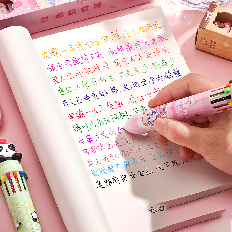 High Quality Cartoon ten color pen cute bullet head Multi-colored ballpoint pen cute style Press ballpoint pen for writing