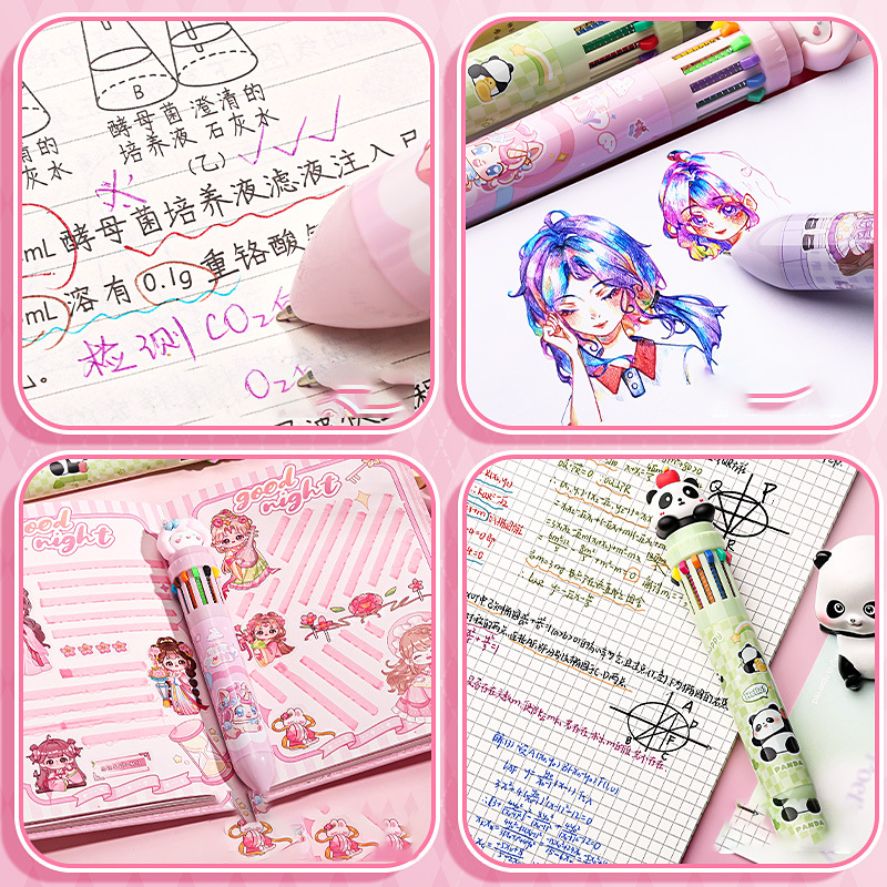High Quality Cartoon ten color pen cute bullet head Multi-colored ballpoint pen cute style Press ballpoint pen for writing