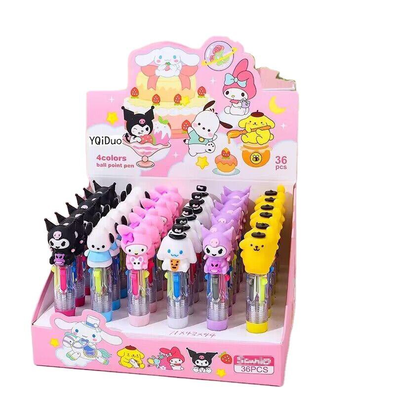 Yubon 36pcs Four-Color Ballpoint Pen Kawaii Kuromi Cartoon Multicolor Marker Silicone Doll Head Stationery