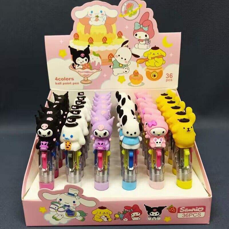 Yubon 36pcs Four-Color Ballpoint Pen Kawaii Kuromi Cartoon Multicolor Marker Silicone Doll Head Stationery