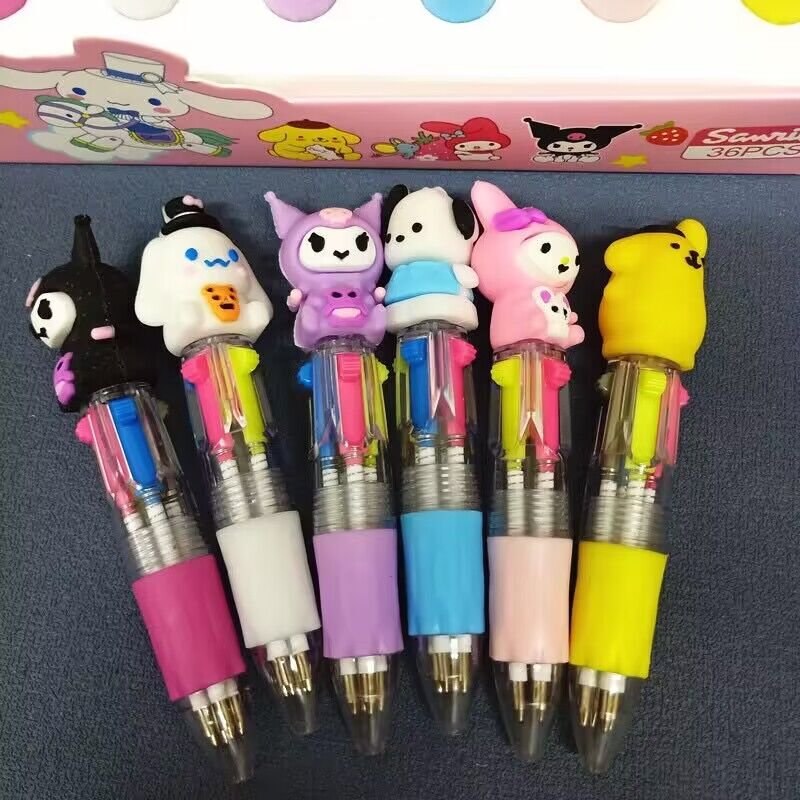 Yubon 36pcs Four-Color Ballpoint Pen Kawaii Kuromi Cartoon Multicolor Marker Silicone Doll Head Stationery