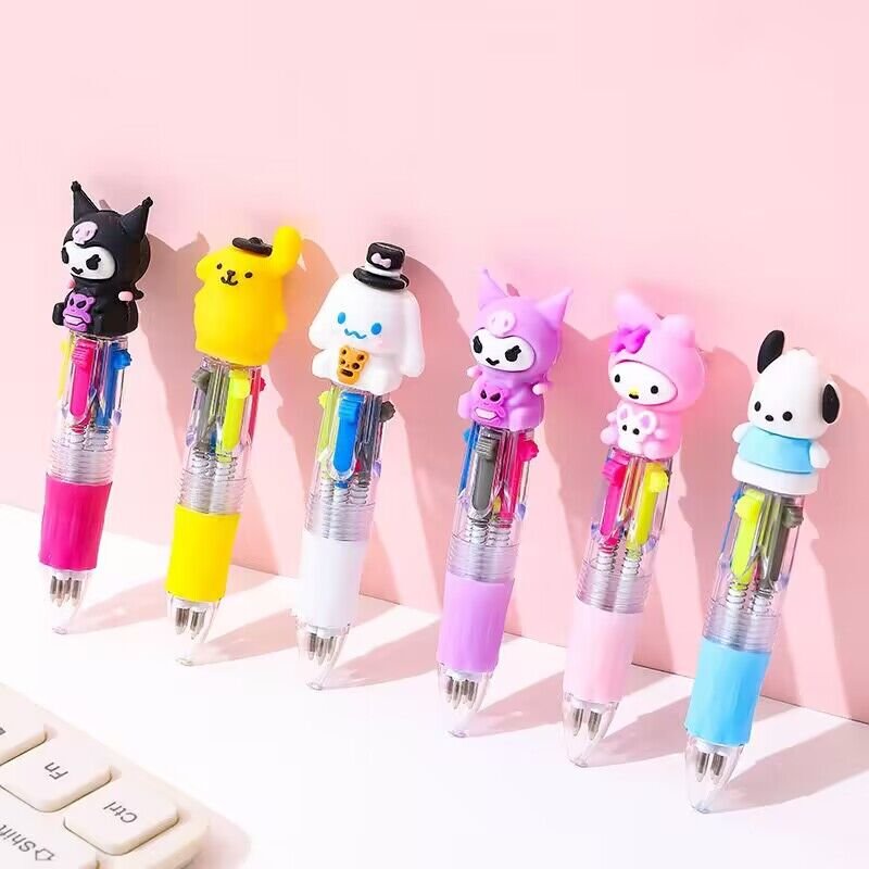 Yubon 36pcs Four-Color Ballpoint Pen Kawaii Kuromi Cartoon Multicolor Marker Silicone Doll Head Stationery