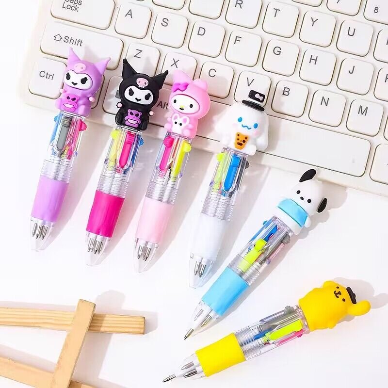 Yubon 36pcs Four-Color Ballpoint Pen Kawaii Kuromi Cartoon Multicolor Marker Silicone Doll Head Stationery