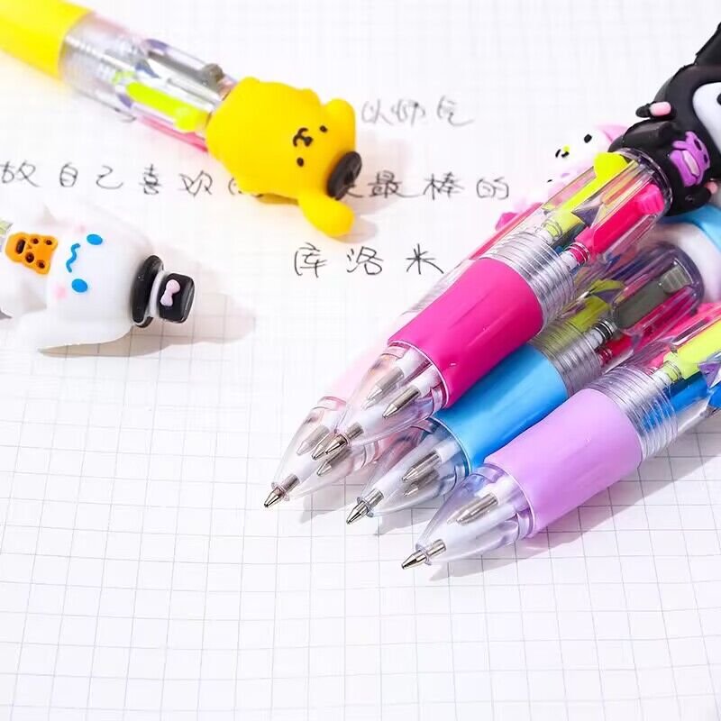 Yubon 36pcs Four-Color Ballpoint Pen Kawaii Kuromi Cartoon Multicolor Marker Silicone Doll Head Stationery