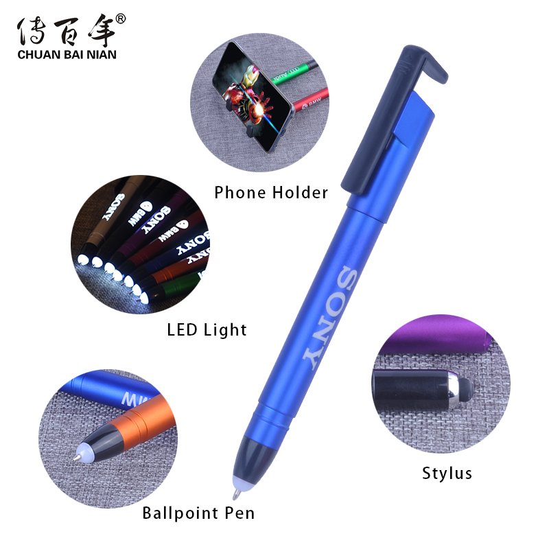 Novelty Promotional Glow Logo Multifunction LED Light Tip Ball Pen with Stylus&Phone Holder Write in the Dark