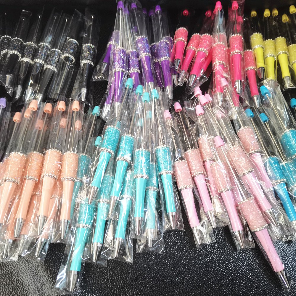 Glitter Dia mond DIY Present Kids Students Office School Supplier Colorful Plastic Acrylic Beadable Ball Pen Bead Pens