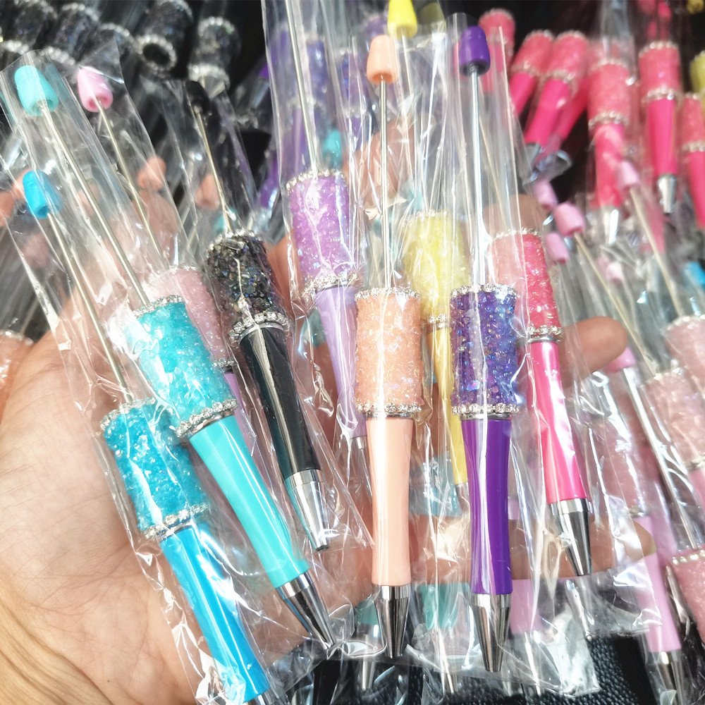 Glitter Dia mond DIY Present Kids Students Office School Supplier Colorful Plastic Acrylic Beadable Ball Pen Bead Pens