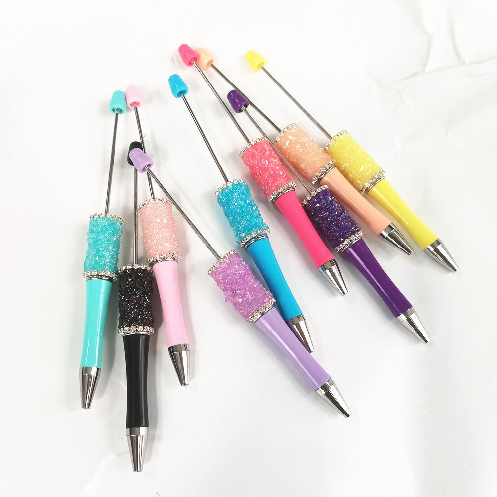 Glitter Dia mond DIY Present Kids Students Office School Supplier Colorful Plastic Acrylic Beadable Ball Pen Bead Pens