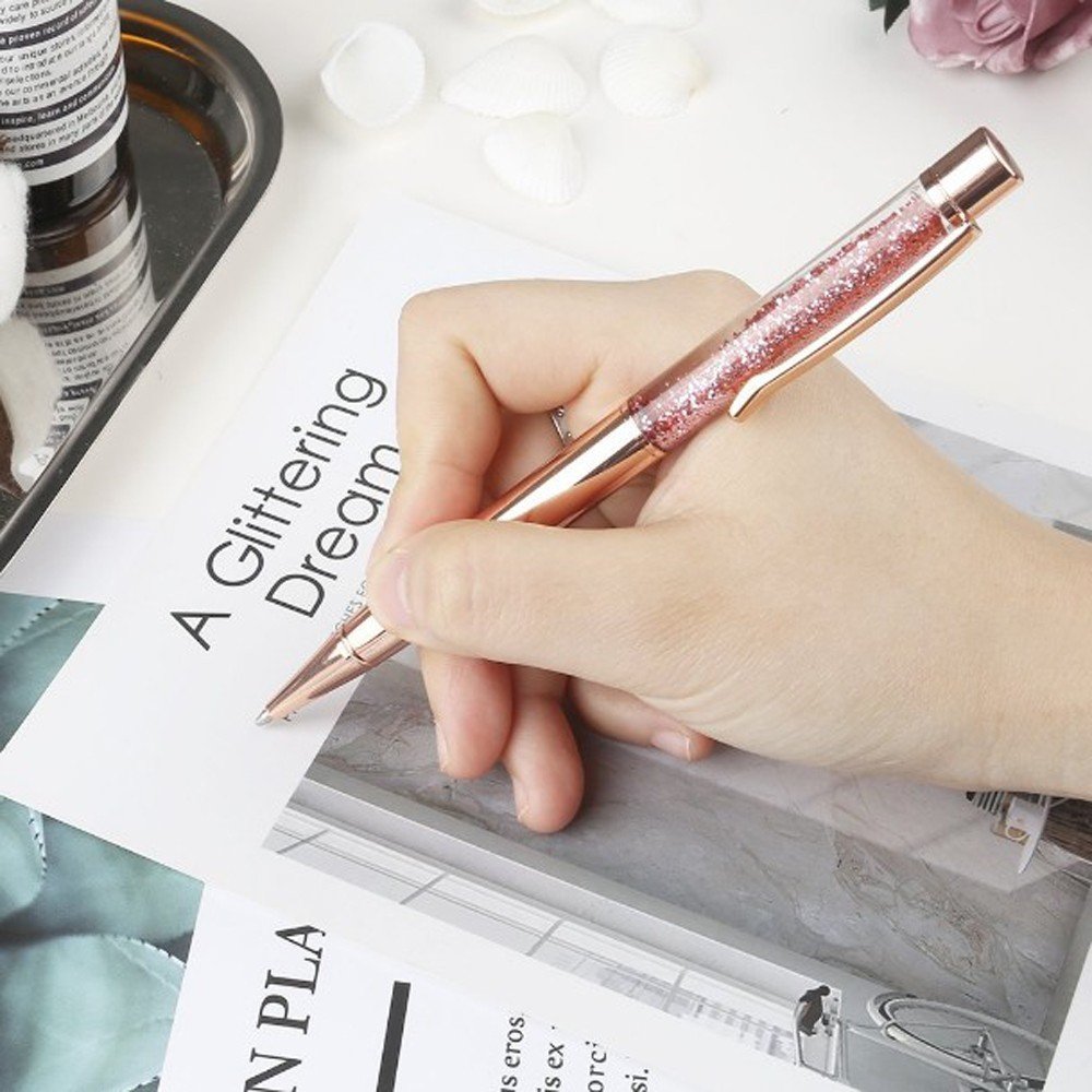 Novelty 0.7mm Bling Glitter Gold Foil Perkin ball pen acrylic floating metal pen as romantic gift