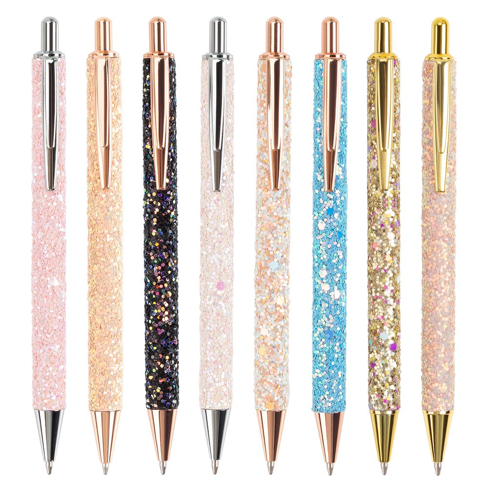 Hot Selling Fancy Metal Retractable Black Ink Ballpoint Pen Bling Rose Gold Glitter Click Ballpoint Pen