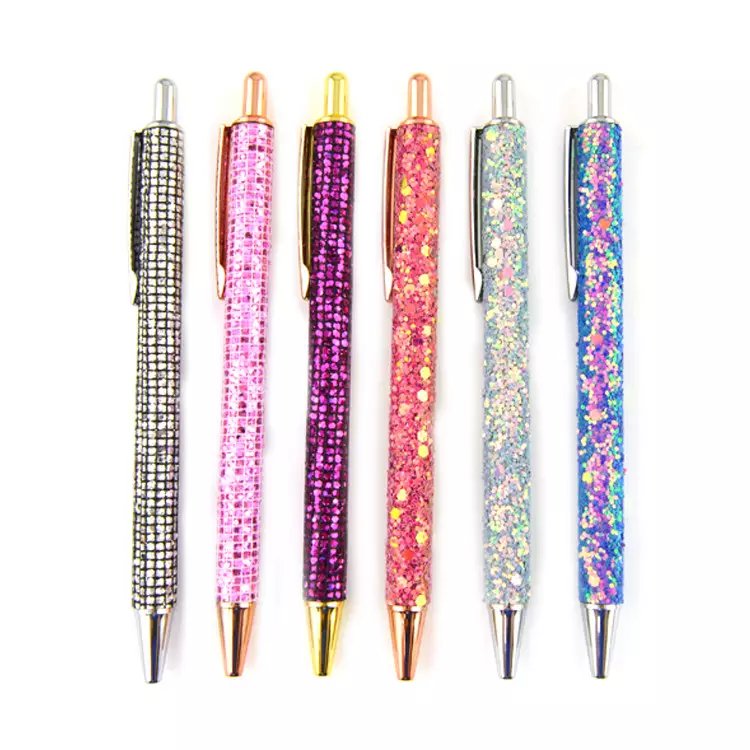 Hot Selling Fancy Metal Retractable Black Ink Ballpoint Pen Bling Rose Gold Glitter Click Ballpoint Pen