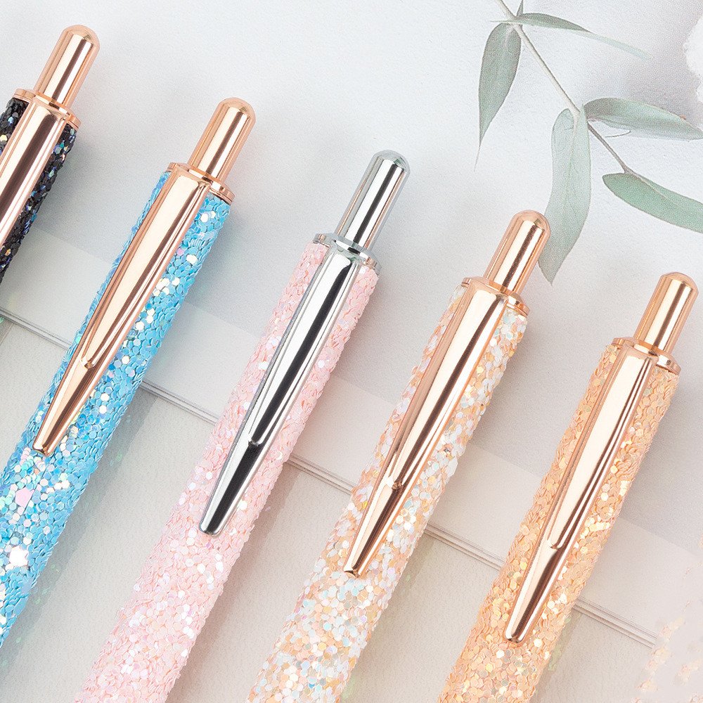 Hot Selling Fancy Metal Retractable Black Ink Ballpoint Pen Bling Rose Gold Glitter Click Ballpoint Pen