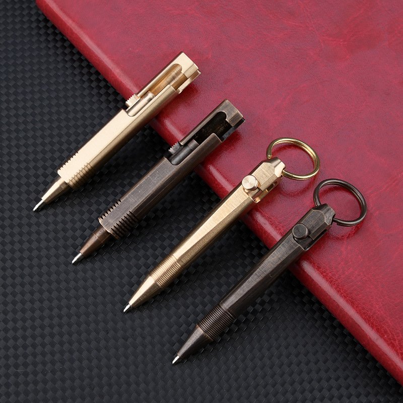 Mini Square Brass Pocket Ballpoint Pen Mini Bolt Style Portable Four-edges Metal Tactical Pen with Loop Keychain